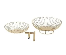 M.F EXPORTS Created two-tiered Gold Decorated fruit basket | Handcrafted Wood and wire Multipurpose Basket . - Gold Plated, Metal, Pack of1